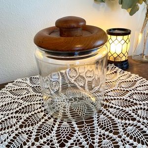 Vintage MCM Dolphin Brand Glass Cookie Jar with Teakwood Lid